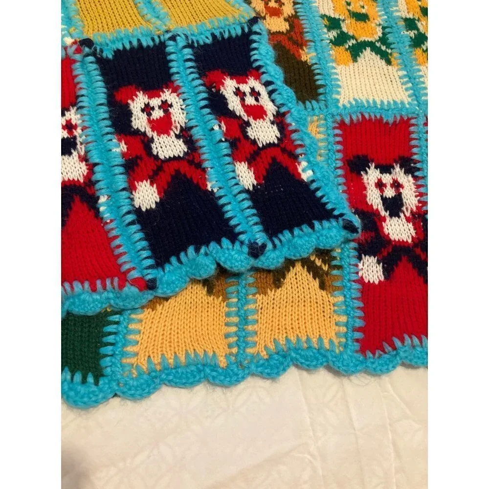 Rare Style Vintage Kids Knit Sweater Crocheted Bears Blanket Multicolored 42 x 6